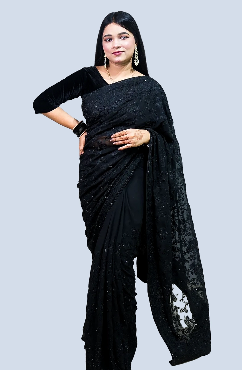 Black Soft Chiffon Georgette Saree with Elegant Stone & Embroidery Work
